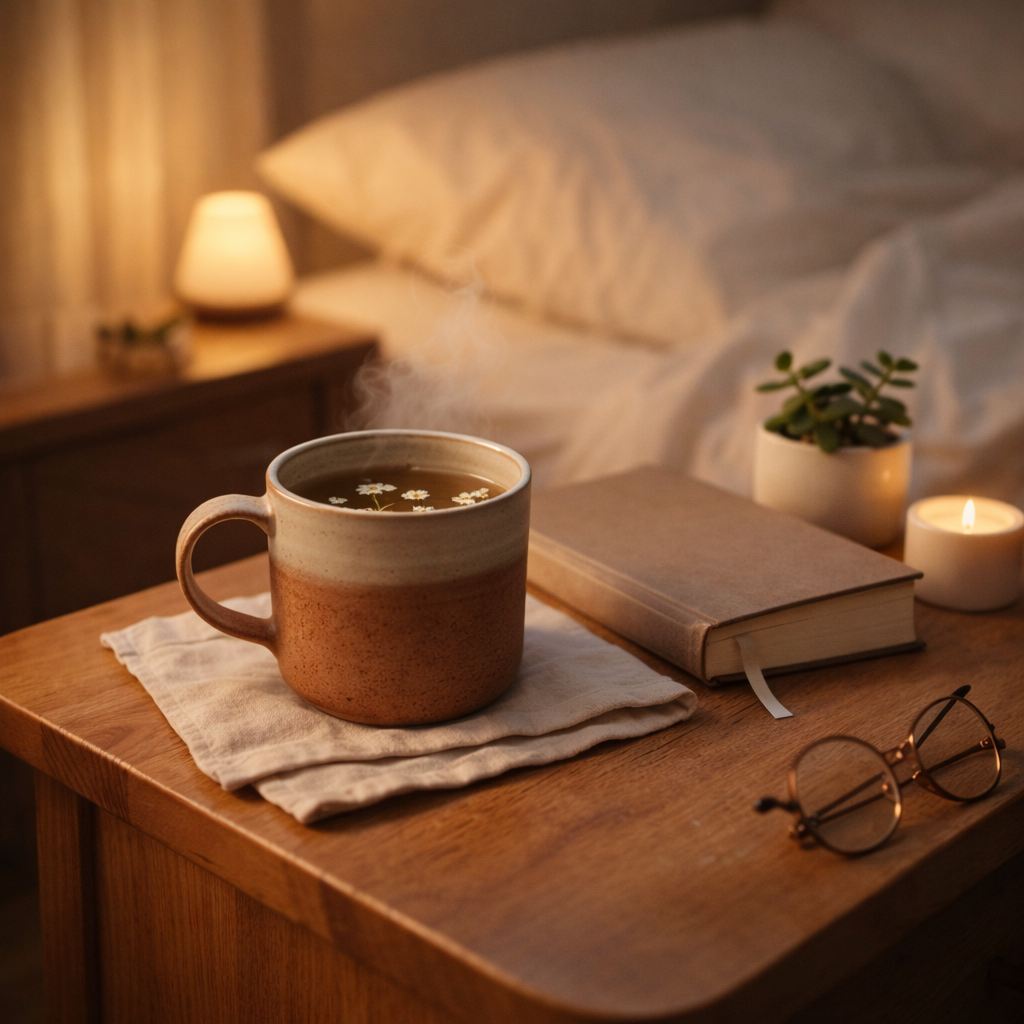 Ritual natural para dormir: infusión de manzanilla, libro y planta en mesita de noche con luz cálida