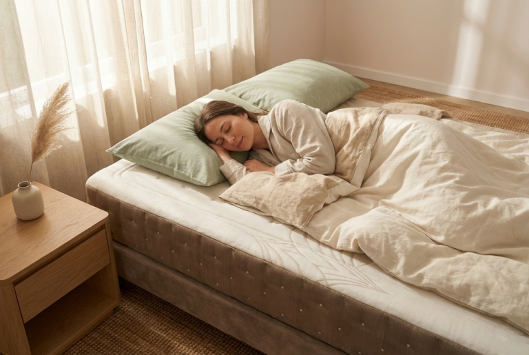 Mujer disfrutando de un descanso ergonómico en colchón de látex natural.