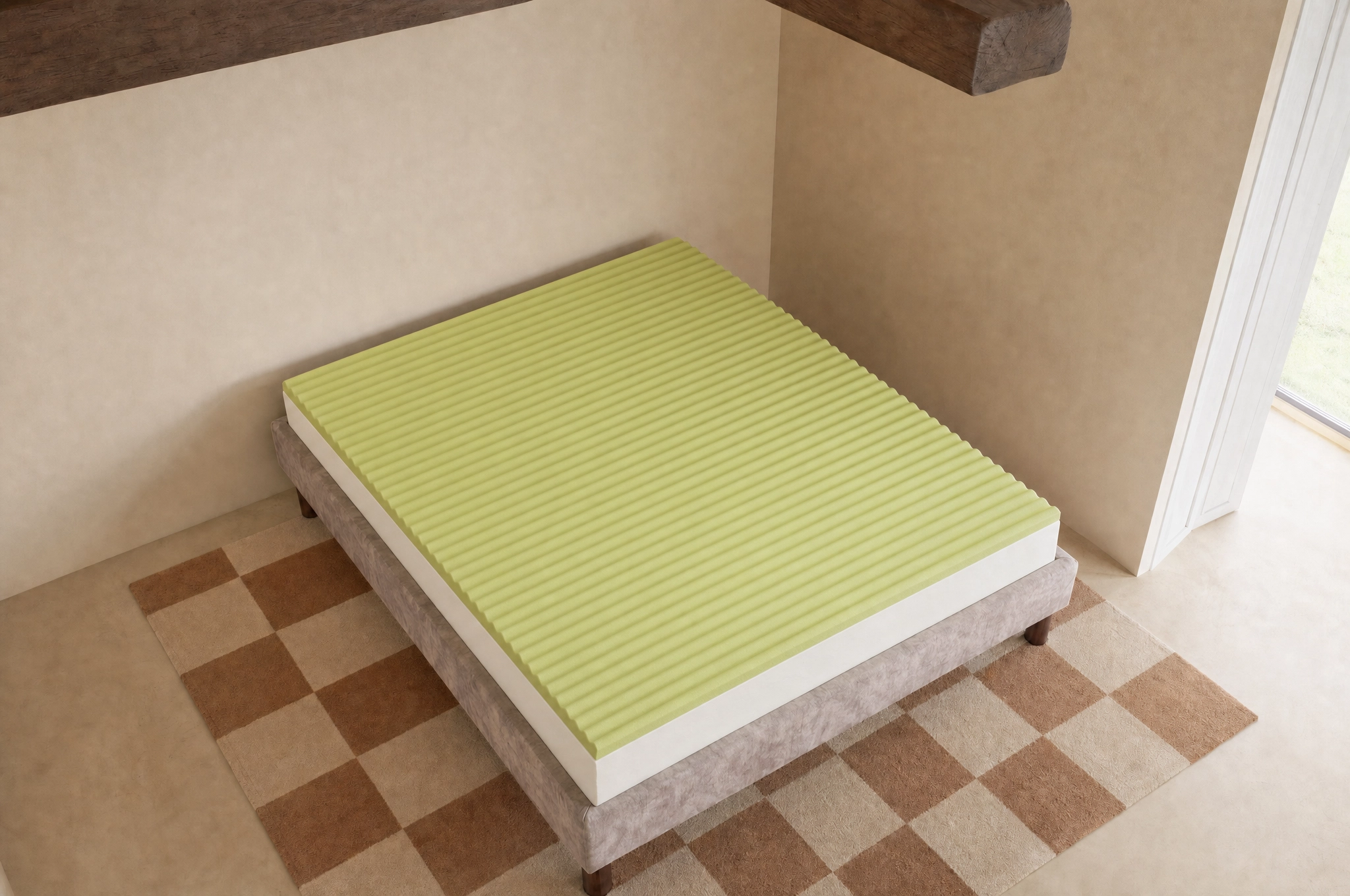 Colchón Qenkō Soja con su plancha superior de visco verde de soja sobre el núcleo de látex 100% natural