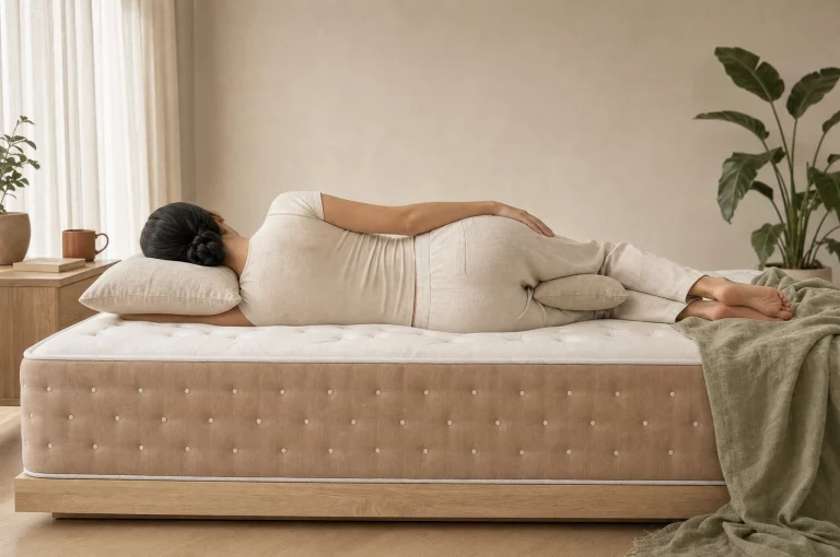 Mujer durmiendo de lado con la columna alineada sobre un colchón Qenkō de látex 100% natural
