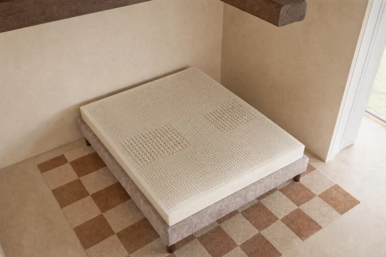Colchón de látex 100% natural Qenkō sobre tarima de madera en habitación con luz cálida — comparativa látex natural vs sintético