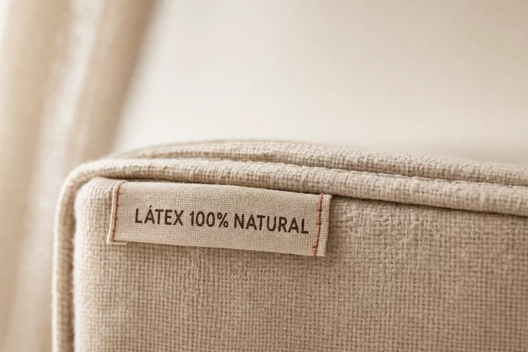 Etiqueta de tela cosida a un colchón con el texto «Látex 100% natural», símbolo de un colchón sin tóxicos
